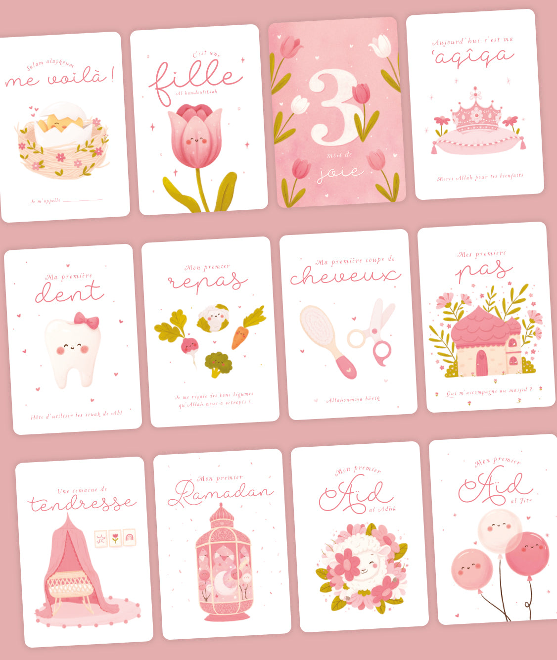 Ma première année - Cartes étapes bébé musulman - Version fille - DeeniLearn
