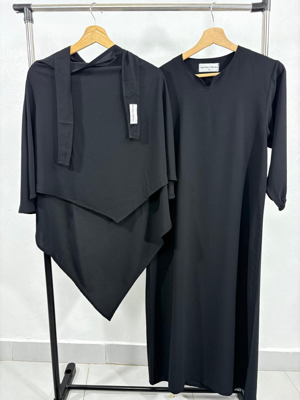 Ensemble fille – Abaya basic droite + Khimar triangle – Tissu Woolpeach Premium