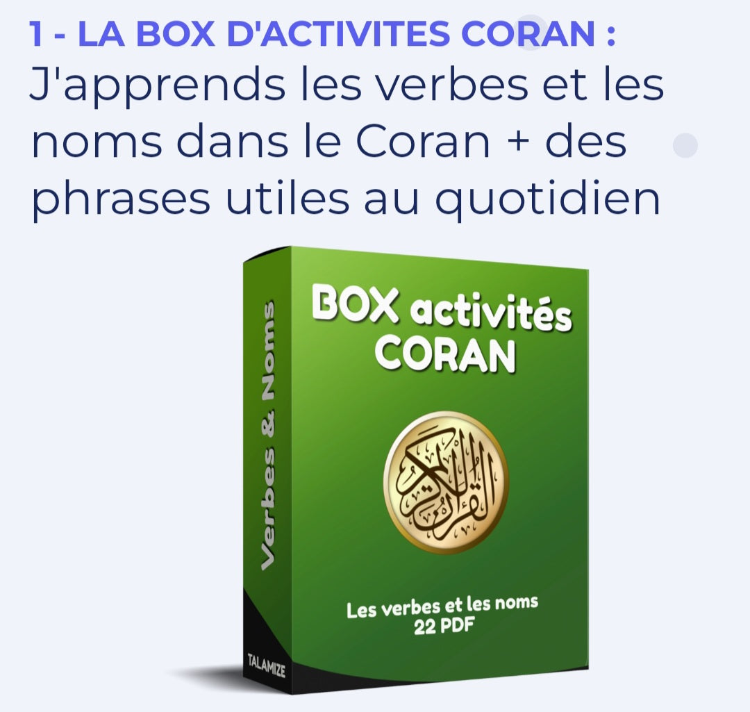 3 Box d'activités complètes (Coran, Arabe, Conjugaison)